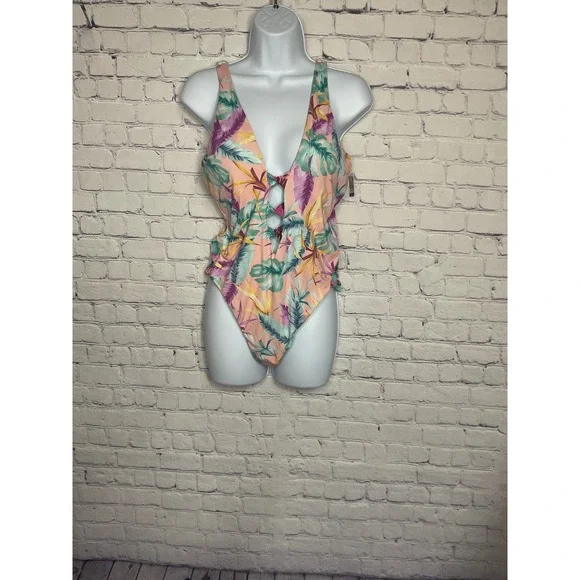 Bar III Women's XL Plunge Lace-Up Tropical Print One Piece Swimsuit NWT - Picture 2 of 5